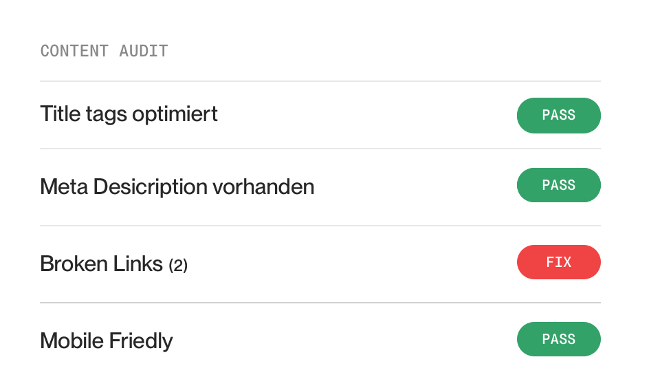 Content-Audit mit geprüften Title Tags, Meta Descriptions und Links