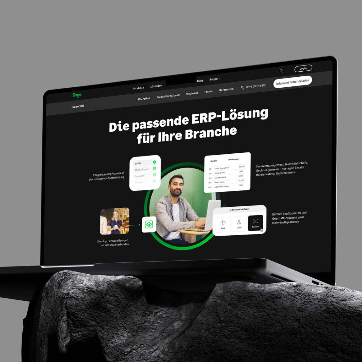 Landingpage einer ERP-Lösung auf einem Monitor