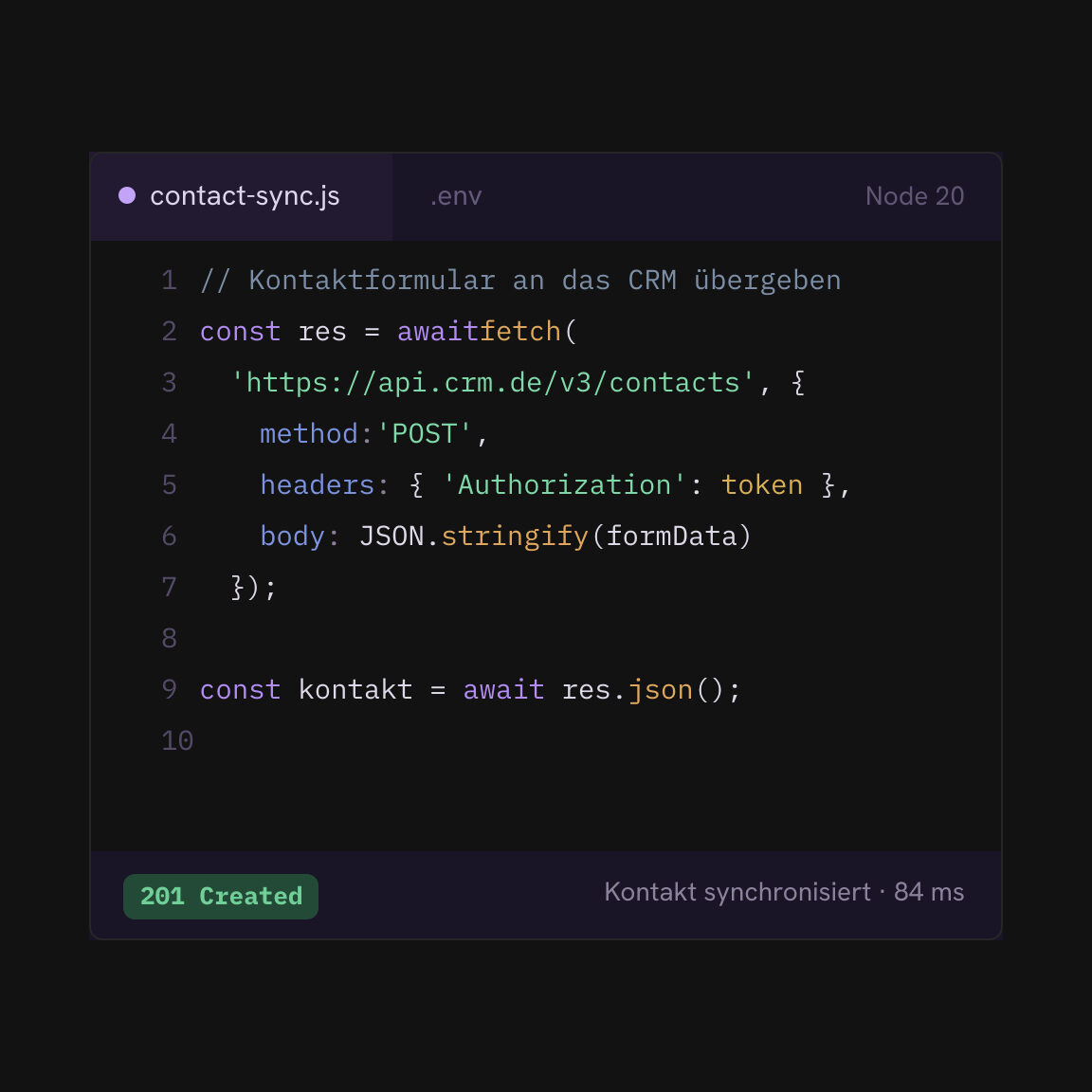 Code eines API-Aufrufs zur Übergabe von Kontaktdaten ans CRM