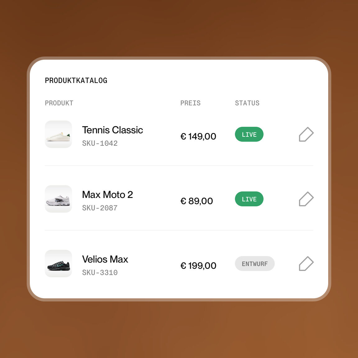 Produktkatalog eines Onlineshops mit Artikelstatus