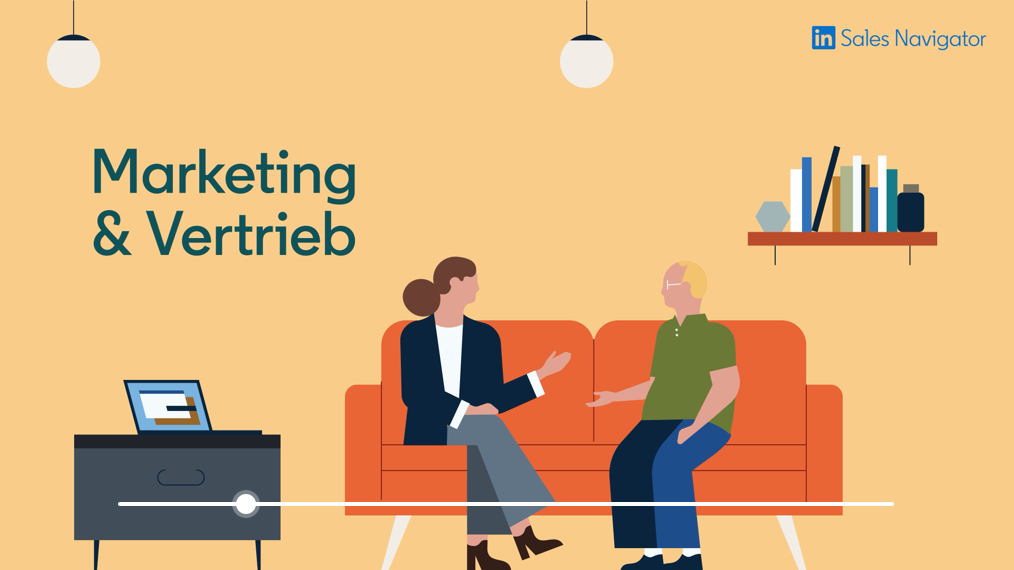 Illustration zweier Personen auf einem Sofa zum Thema Marketing und Vertrieb