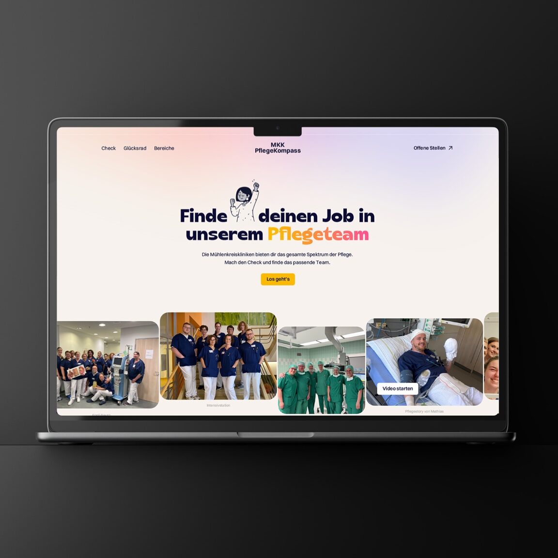 Recruiting-Landingpage für ein Pflegeteam auf einem Laptop