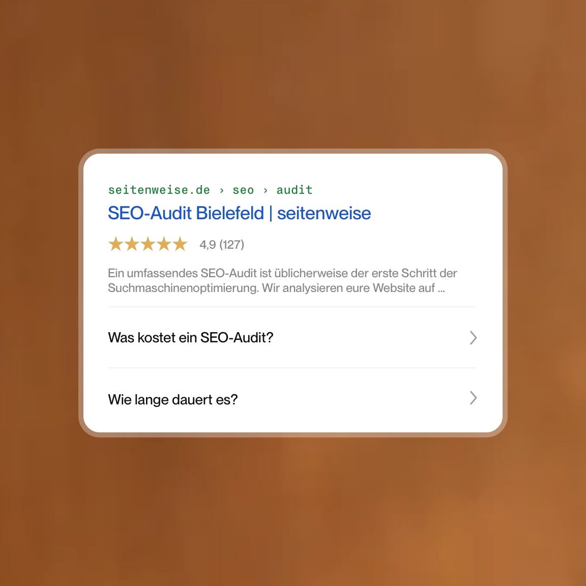 Suchergebnis-Snippet mit Sternebewertung und FAQ-Einträgen