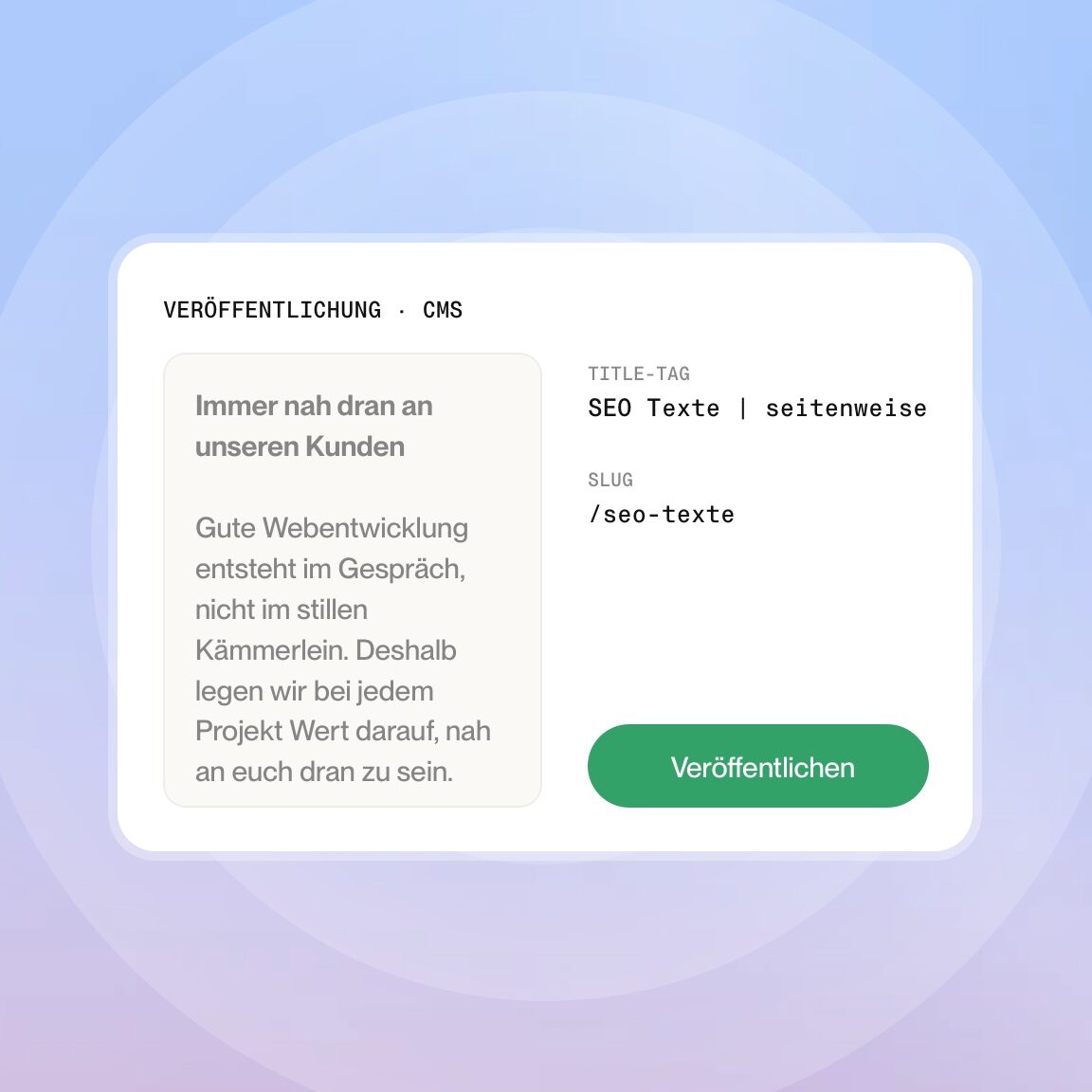 Veröffentlichungsdialog eines SEO-Textes mit Title Tag und URL