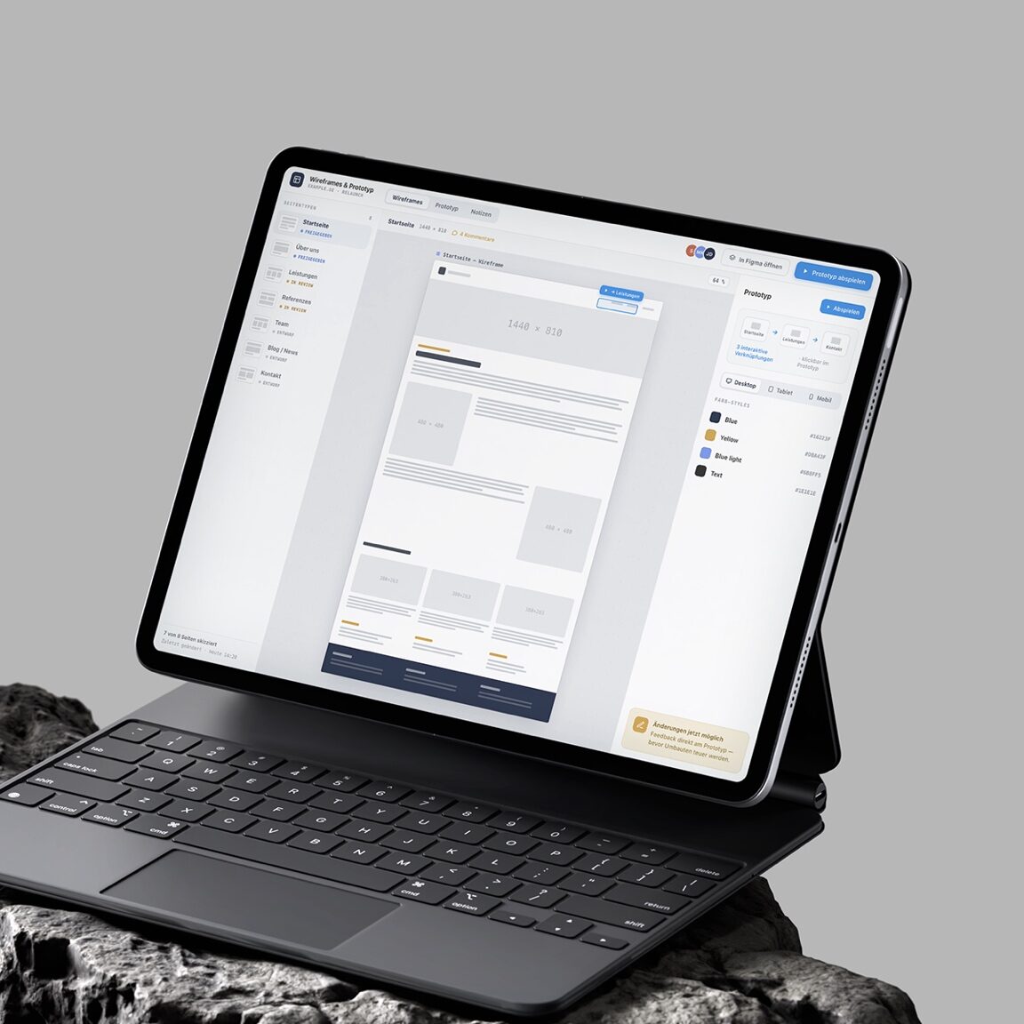 Wireframe einer Seite auf einem Tablet
