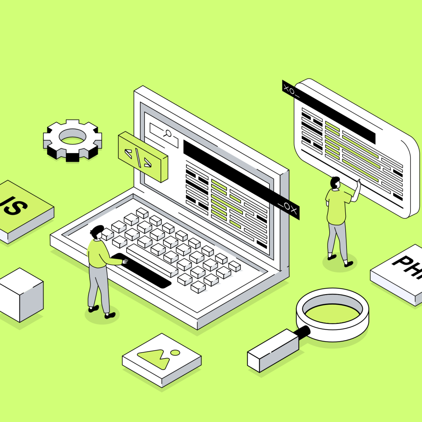 Illustration: Entwickler bearbeiten Website-Code am Laptop; JS-, PHP-Icons, Zahnrad und Lupe symbolisieren Technik, SEO und erfolgreiche Website