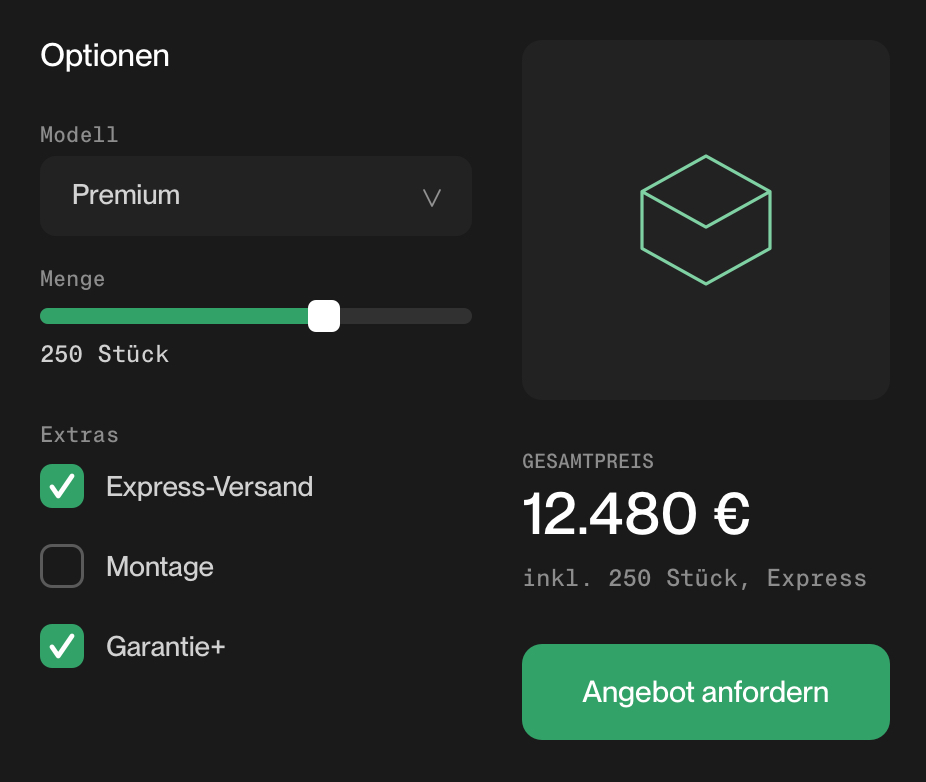 Produktkonfigurator mit Optionen und berechnetem Gesamtpreis
