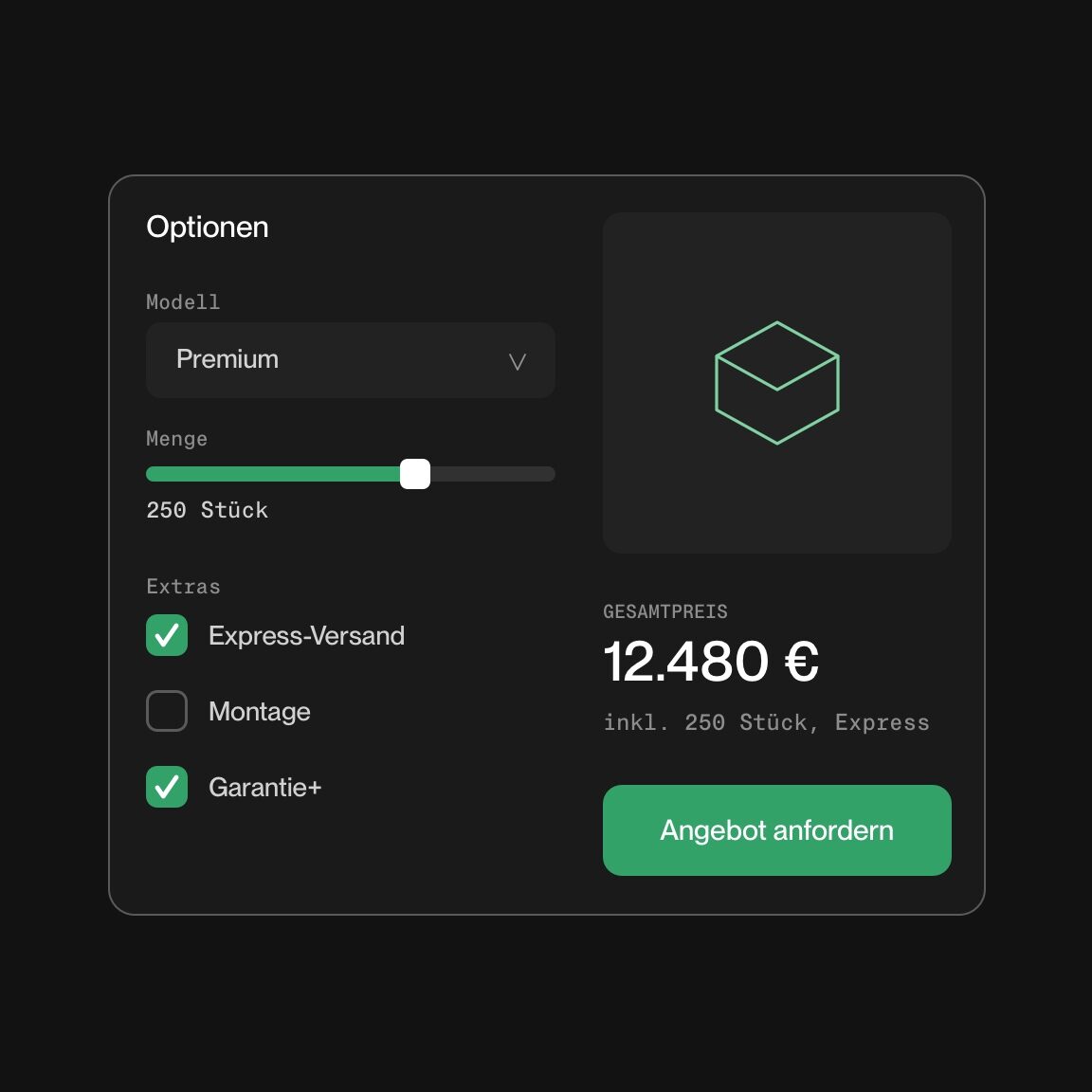 Konfigurator mit Optionen, Menge und Gesamtpreis