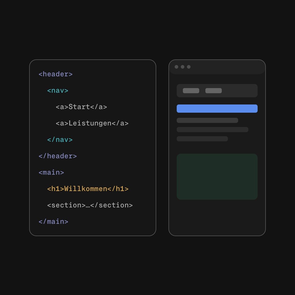 Frontend-Code mit der dazugehörigen Seitenvorschau