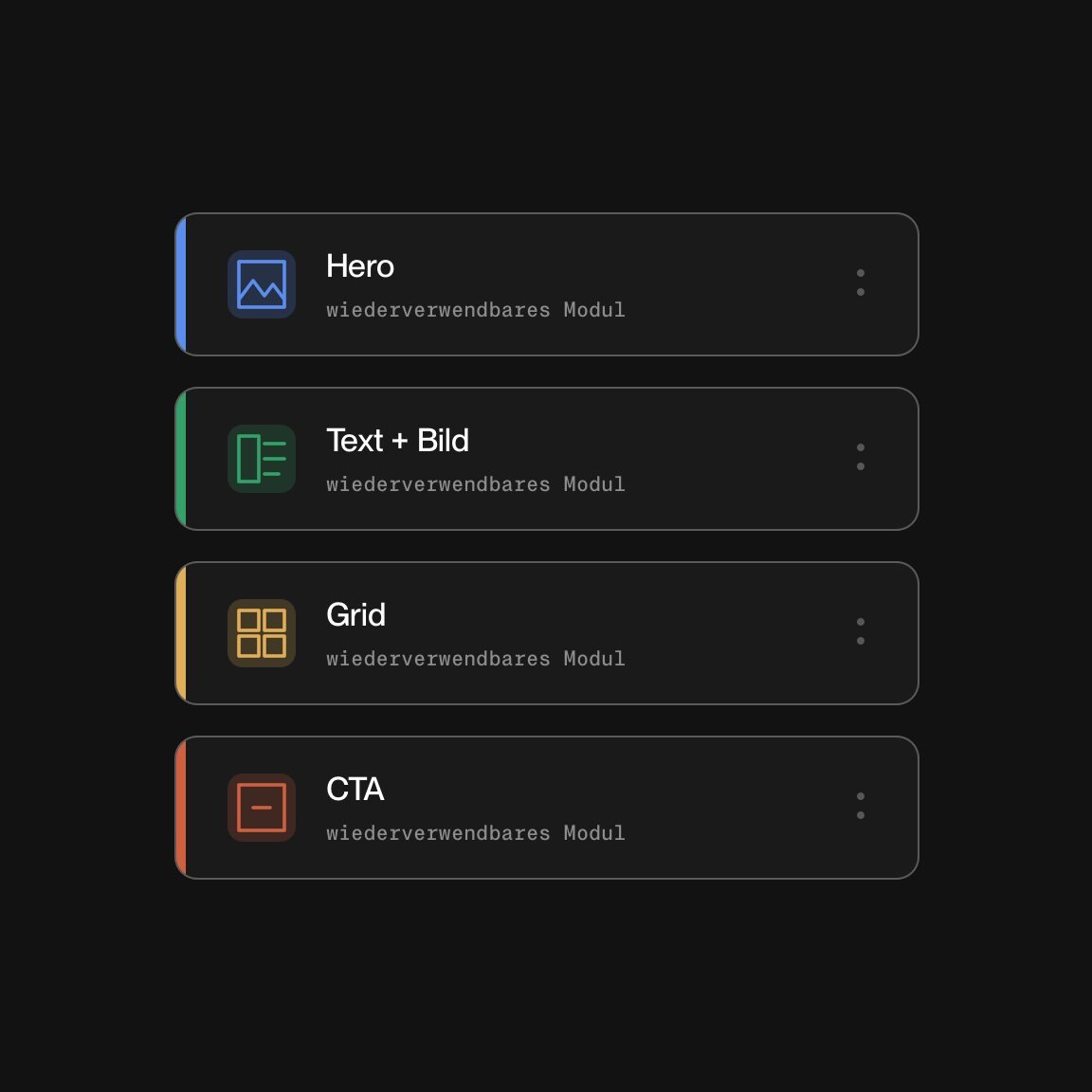 Modularer Seitenaufbau aus Hero, Text-Bild-Block, Grid und Call-to-Action
