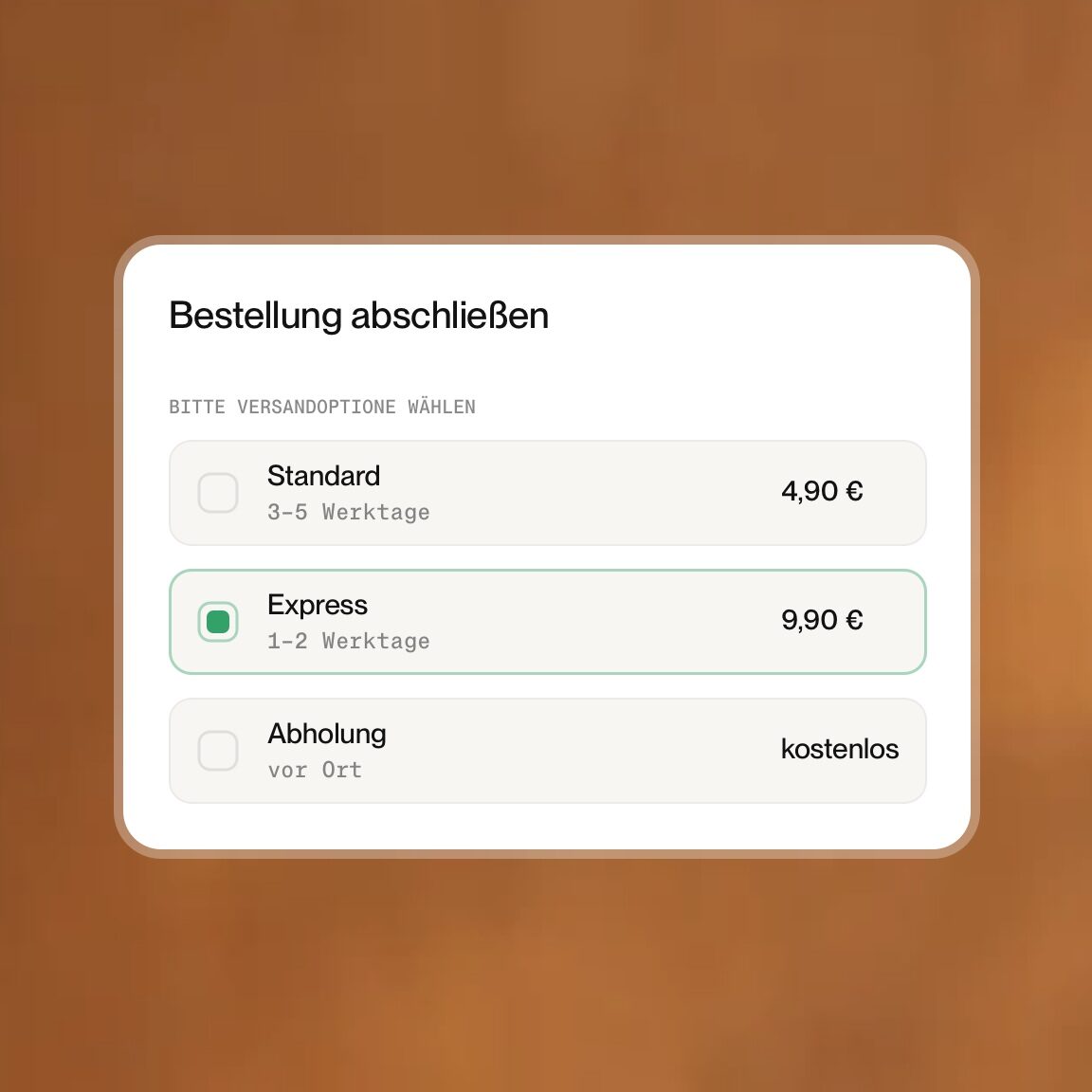 Auswahl der Versandart beim Abschluss einer Bestellung
