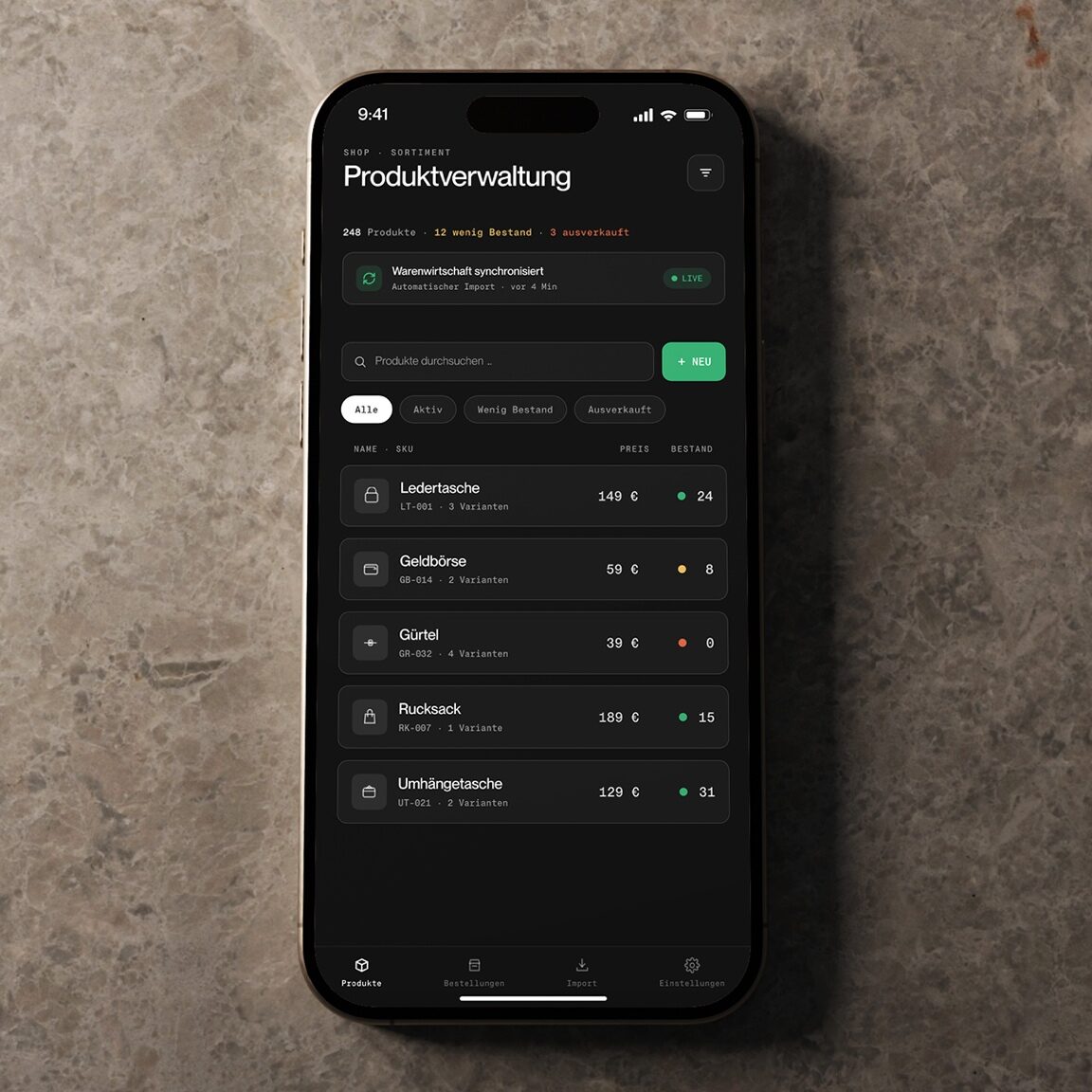 Produktverwaltung eines Onlineshops auf dem Smartphone