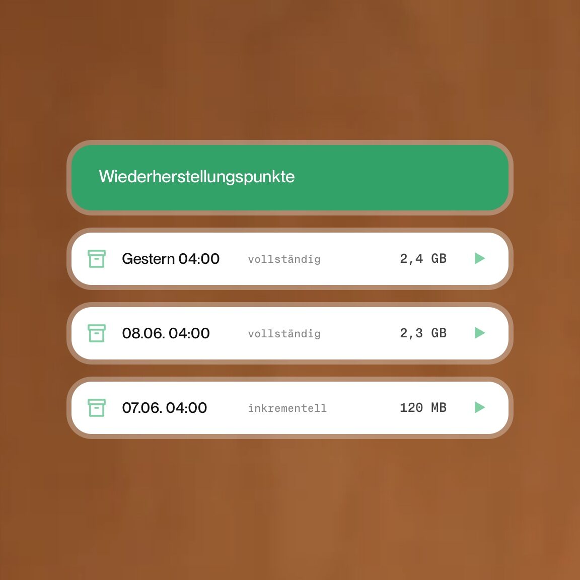 Liste von Wiederherstellungspunkten eines Website-Backups