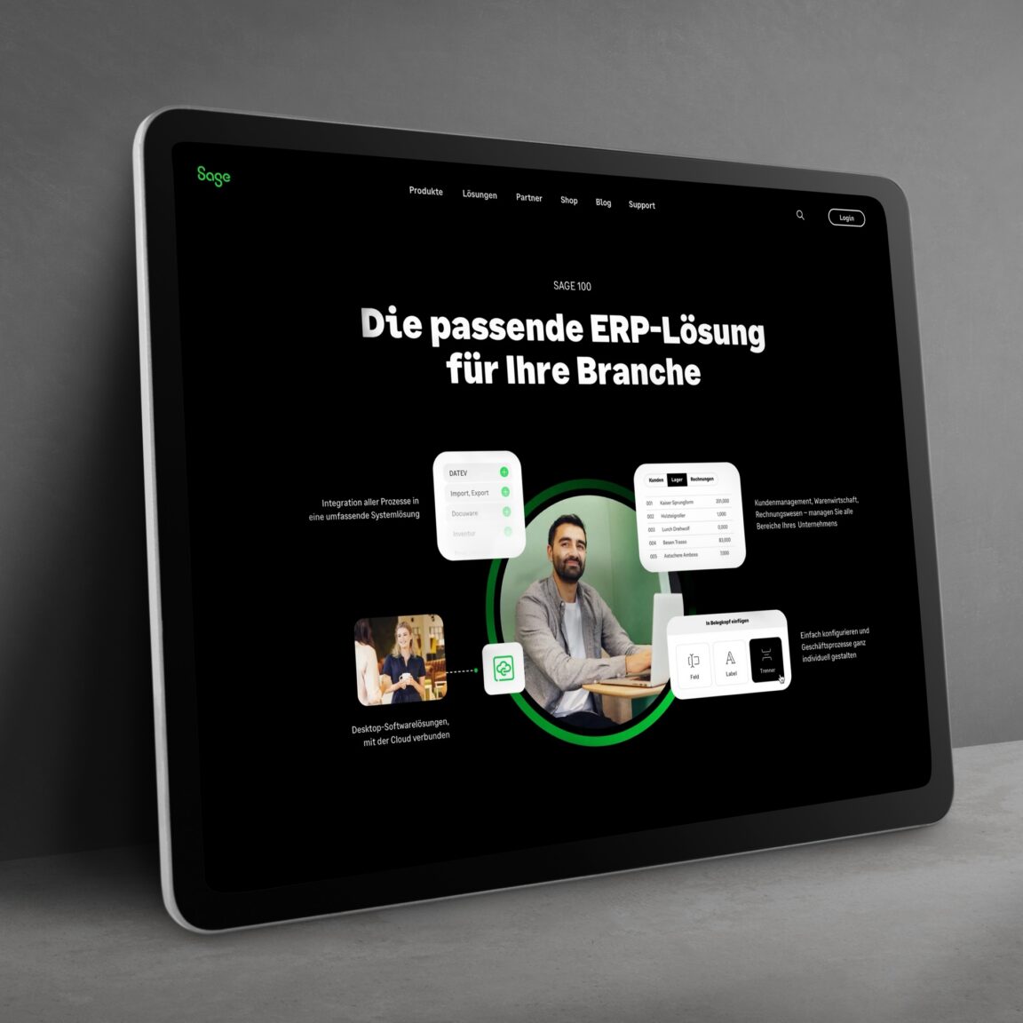 Mockup von einem Laptop auf dem die Startseite der Website sage.com zu sehen ist.