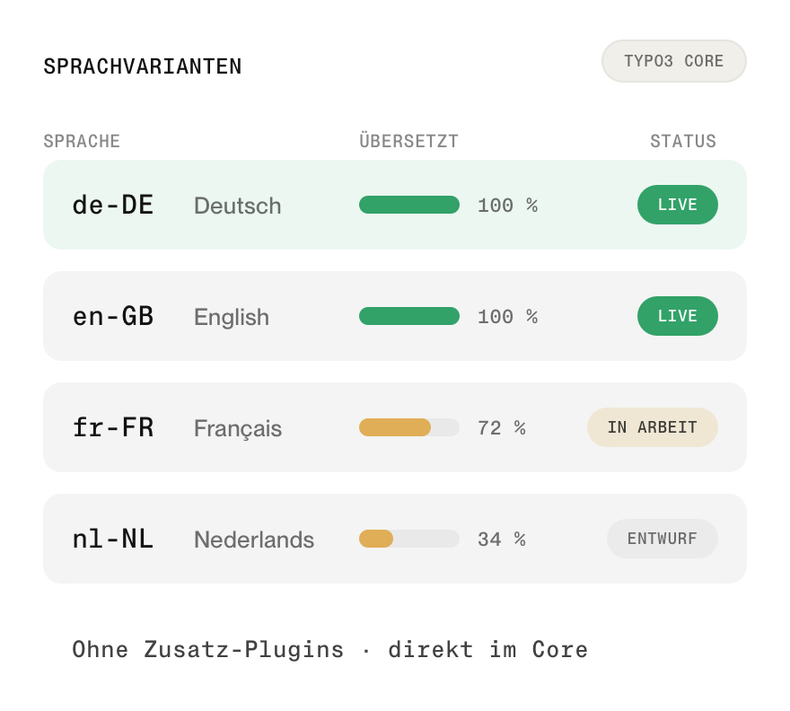 Sprachvarianten einer TYPO3-Website mit Übersetzungsstand
