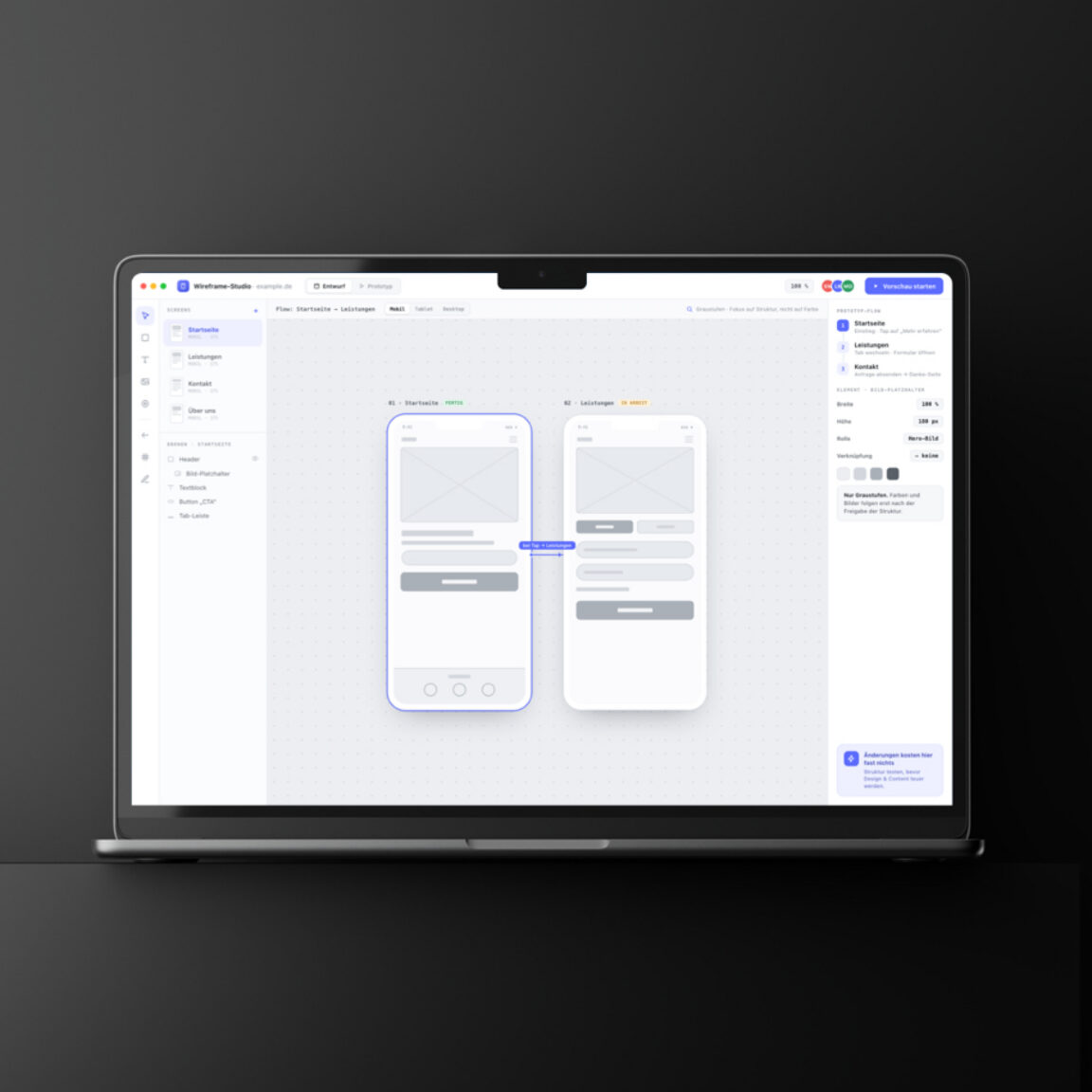 Zwei Smartphone-Wireframes eines Prototyps nebeneinander
