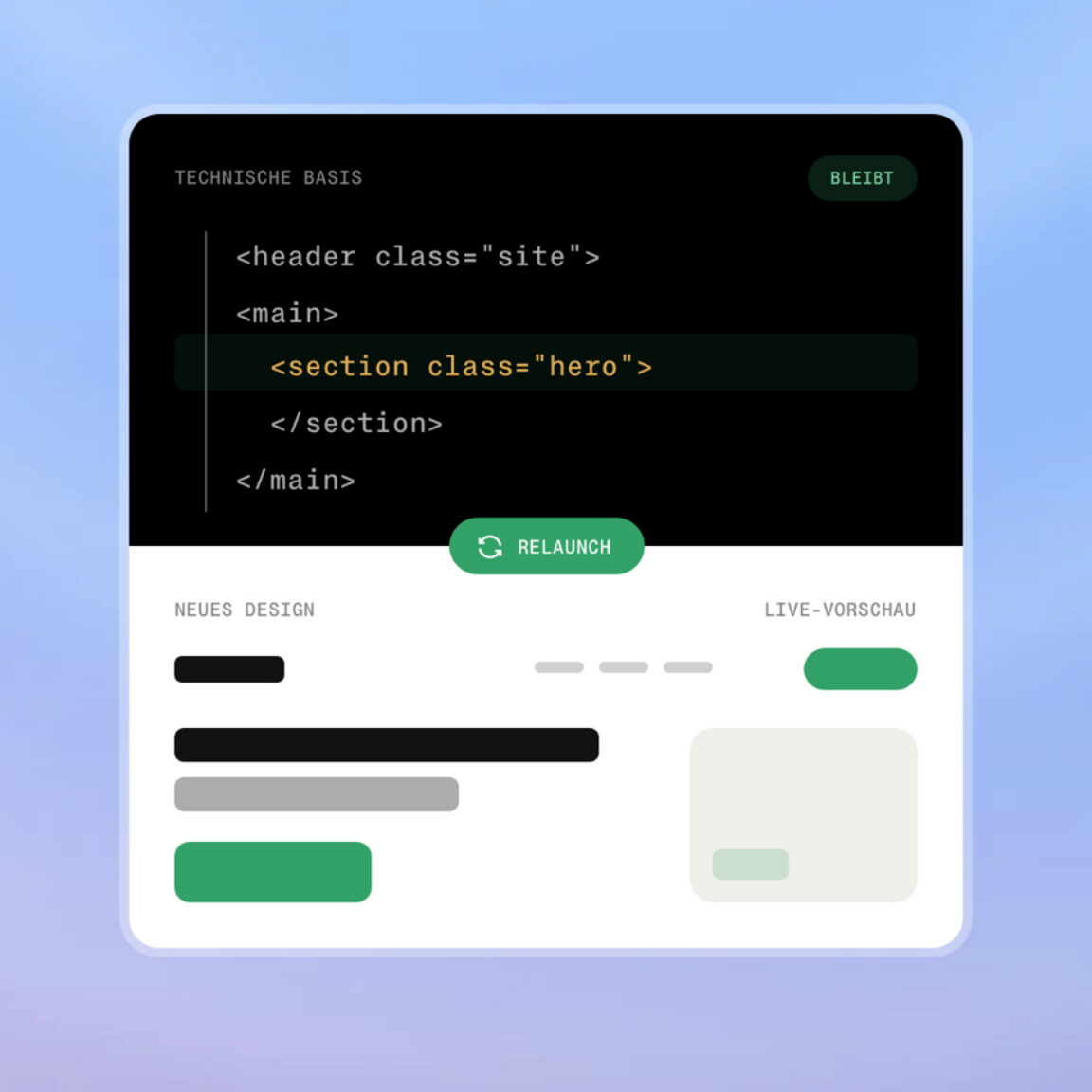 Code-Ausschnitt eines Hero-Bereichs neben einem neuen Layout mit Platzhaltern